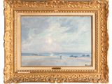 une peinture à l'huile représentant une scène de plage avec un bateau au loin