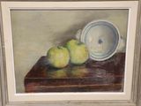 a painting of two apples and a bowl on a table