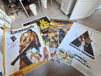 Il y a de nombreuses affiches de films différentes par terre dans cette pièce.