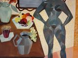 a painting of a woman standing in front of a table with a vase of flowers