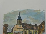 a picture of a painting of a church in the country