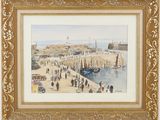 an image of a painting of a harbor scene with boats and people