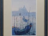 painting of gondola boats in the water with a church in the background