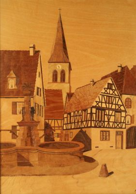 un tableau représentant une ville avec une fontaine en son centre