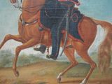 a painting of a man riding a horse in a field