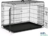 a black dog crate with a door open and a black tray underneath it