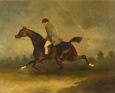 tableau représentant un homme à cheval dans un champ par temps nuageux