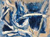 an abstract painting of a woman in a blue dress sitting on a chair