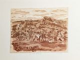 drawing of a view of a city with a mountain in the background