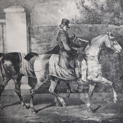 un dessin représentant un homme à cheval dans une écurie