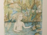 a drawing of a woman sitting in a body of water