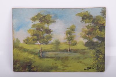 painting of a field with trees and a stream in the middle