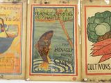 three vintage advertising posters of vegetables and fish in a row