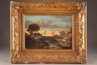 a painting of a landscape with a river in the foreground