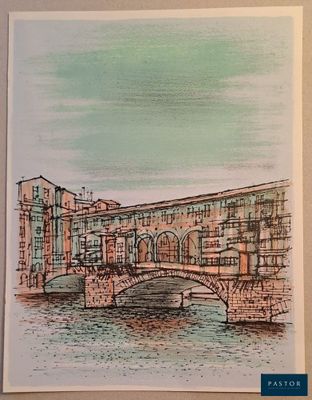 dessin représentant un pont enjambant un plan d'eau, avec des bâtiments en arrière-plan