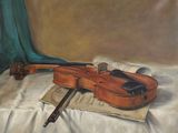 an oil painting of a violin and sheet music on a bed