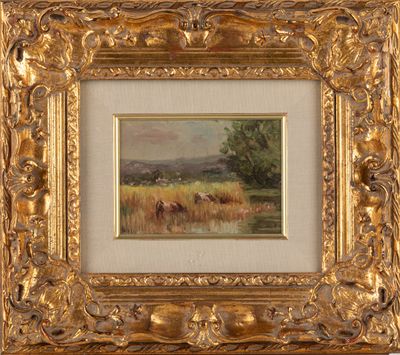 tableau représentant des vaches dans un champ, avec une rivière en arrière-plan
