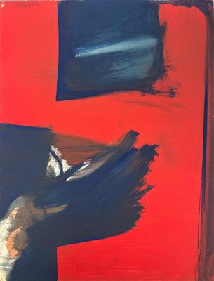 an abstract painting of red, blue, and black with a red background