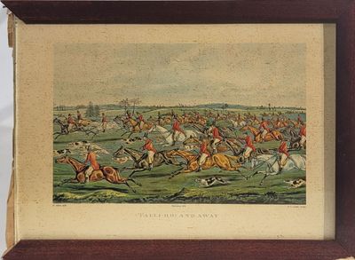 reproduction encadrée d'un tableau représentant un groupe d'hommes à cheval dans un champ