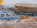 a painting of a boat in the water on the beach