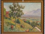 une peinture à l'huile représentant des vaches paissant sur un versant, avec une montagne en arrière-plan