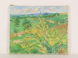 an oil painting of a field with yellow flowers on a white surface