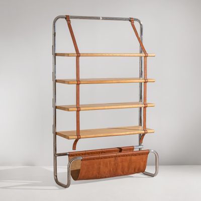 a metal and wood shelf with four shelves and a magazine rack