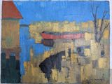 a painting of a cow standing in front of a building