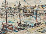 painting of boats docked in a harbor with buildings in the background