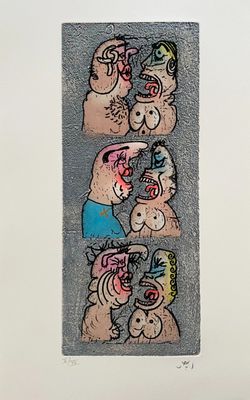 drawing of a group of cartoon characters on a gray background