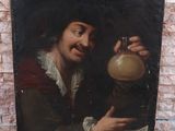 tableau représentant un homme tenant une cruche devant un mur de briques