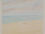 une photo d'un tableau représentant deux oiseaux sur la plage