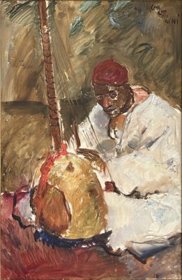 an oil painting of a man playing a musical instrument on a rug