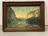 an oil painting of a mountain scene with a river in the foreground
