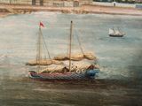 a painting of a boat on the water with a city in the background