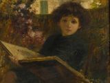 tableau représentant une jeune fille assise sur une chaise en train de lire un livre
