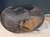 a bird cage with a bird inside of it on a table