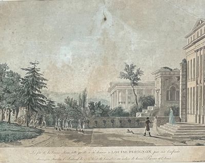 un dessin représentant un homme promenant son chien devant un immeuble