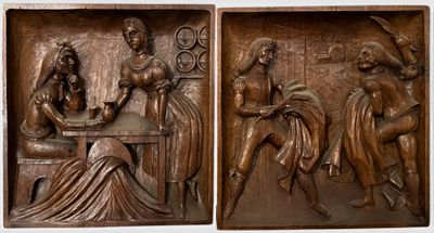 two bronze plaques depicting women playing cards and playing cards on a table