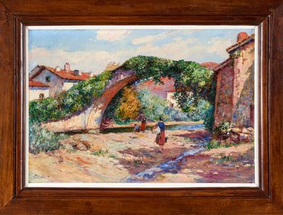 an oil painting of a woman walking down a dirt road under a bridge
