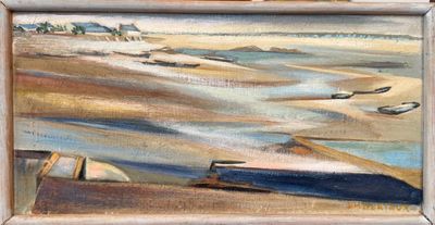 une peinture de bateaux sur la plage au bord de l'eau