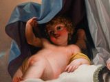 a painting of a baby and a cat on a cloud