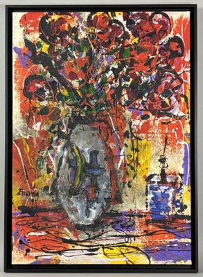 tableau représentant un vase de fleurs posé sur une table devant un mur