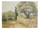 an image of a painting of a tree and a stone wall
