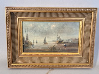 une peinture à l'huile représentant des bateaux sur l'eau près d'un quai