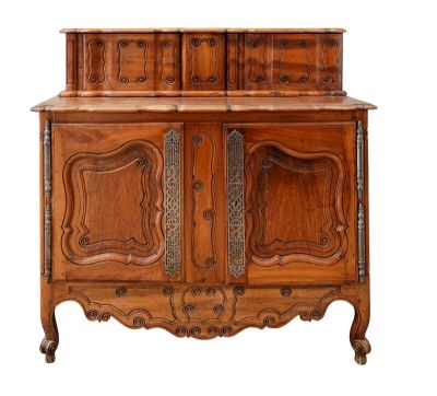 an old wooden cabinet with two doors and a drawer on top of it