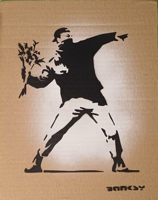 painting of a man throwing a bouquet of flowers on a cardboard box