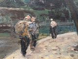 a painting of a group of people walking on a path