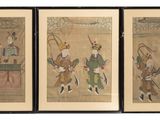 quatre tableaux asiatiques encadrés représentant des hommes à cheval tenant des lances