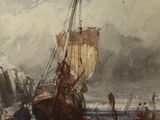 a painting of a boat on the water with people on it